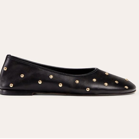 Dear Frances | Black Leather Bala Gold Studs Ballerina Flats | 38 - Picture 4 of 16